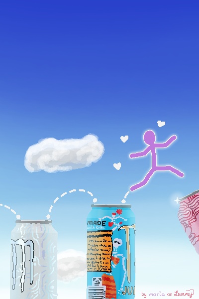 digital drawing of lilac figure jumping between energy drink cans upwards. they are skipping upwards from a "mango loco" drink and jumping towards one with pink swirls with white highlights on it. behind them is a white can which they jumped over previously. one an see the traces from where to where they made each jump. the background consists of a sky wih two two clouds. the sparkling and reflections of the cans aswell as the large empty area in the sky draws attention. bottom right says "by maria on lemmy" where "maria" is written in lilac.