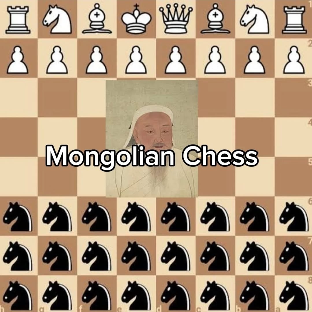 Mongolian Chess: a chess set with white pieces arranged as typical against three rows of black rooks. In the middle of the set there is a portrait of Genghis Khan.