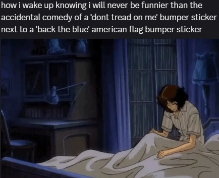 how i wake up knowing i will never be funnier than the accidental comedy of a 'dont tread on me' bumper sticker next to a 'back the blue' american flag bumper sticker [sad anime person waking up]