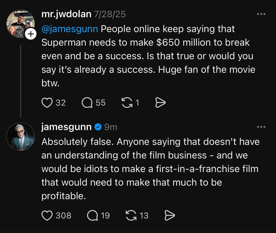 James Gunn debunks rumor that "Superman" needs to make $650 million to break even at the box office