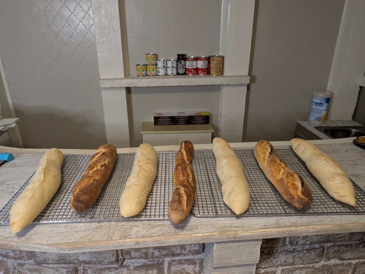 Baguettes on a counter.
