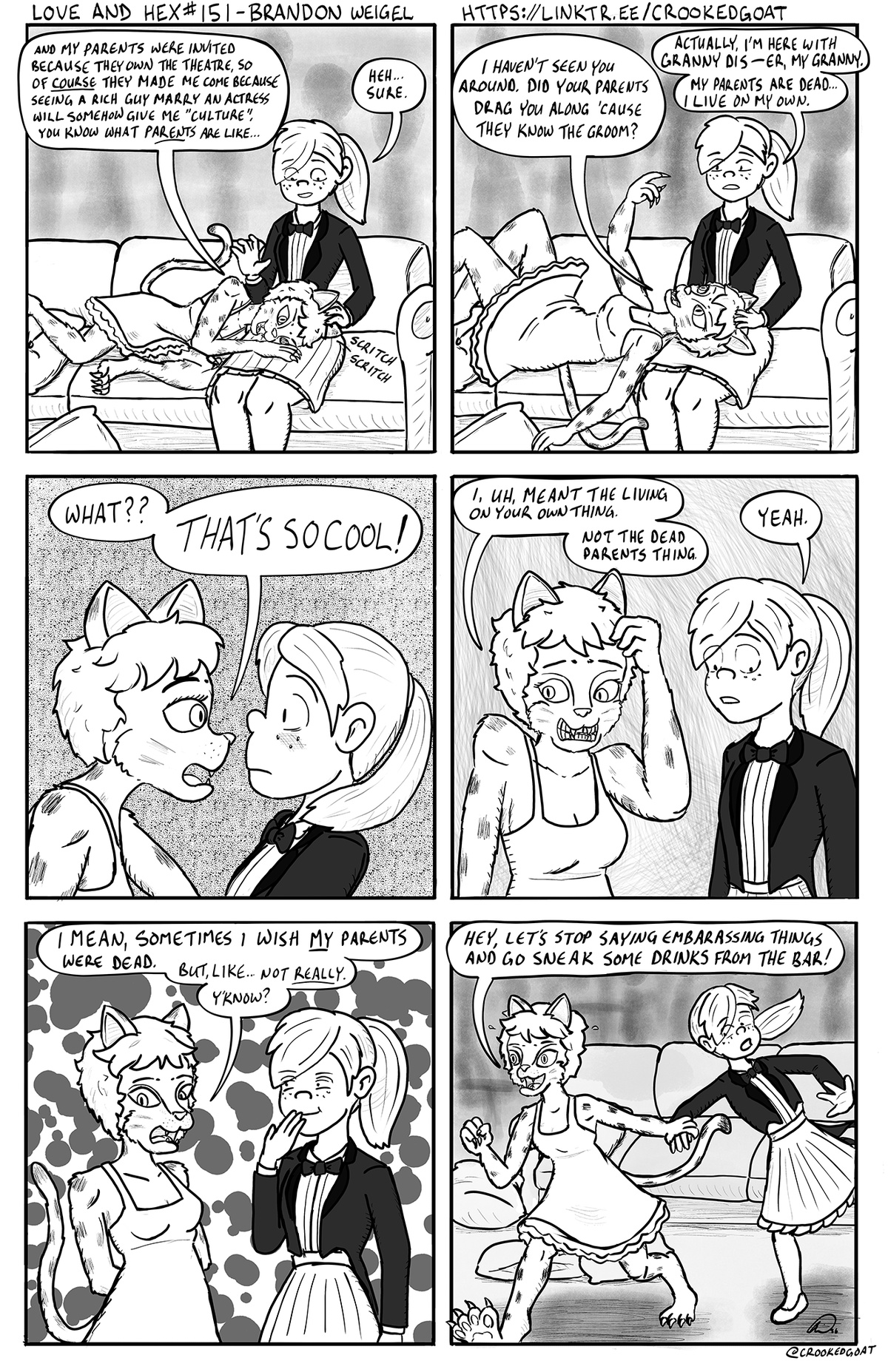 Page 151 from the comic Love and Hex. Full transcript: https://crookedgoat.ca/comic/151/#comic-page  It's Maki's turn to be awkward.