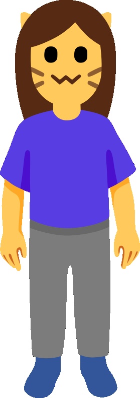 an emoji of a woman standing with the cat of a face going ":3"