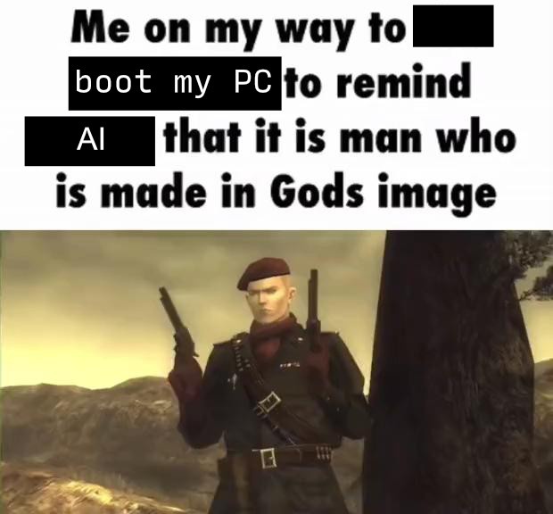 Image of Revolver Ocelot in MGS 3 holding 2 revolvers. Caption: "Me on my way to boot my PC to remind AI that it is man who is made in Gods image"