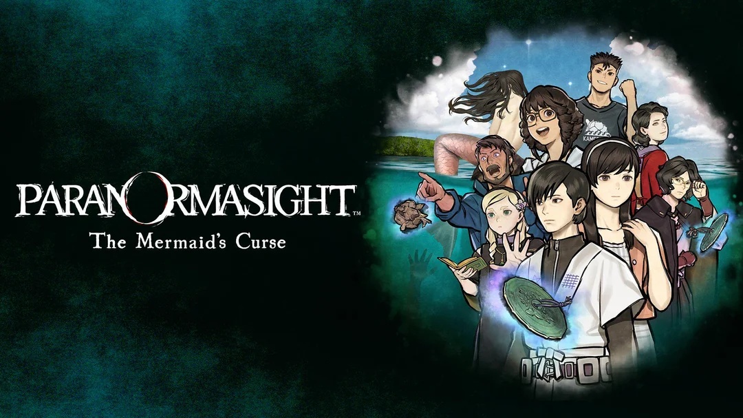 Key art for Paranormasight: The Mermaid's Curse, showing the main cast in front of the ocean with a mermaid in the back.
