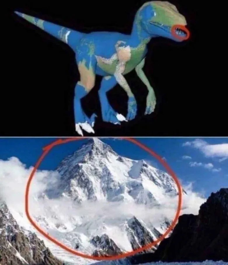 On top a picture of the earth in the shape of a velociraptor. The teeth of the velociraptor are circled in red. Below a picture of a mountain, also surrounded by a red circle