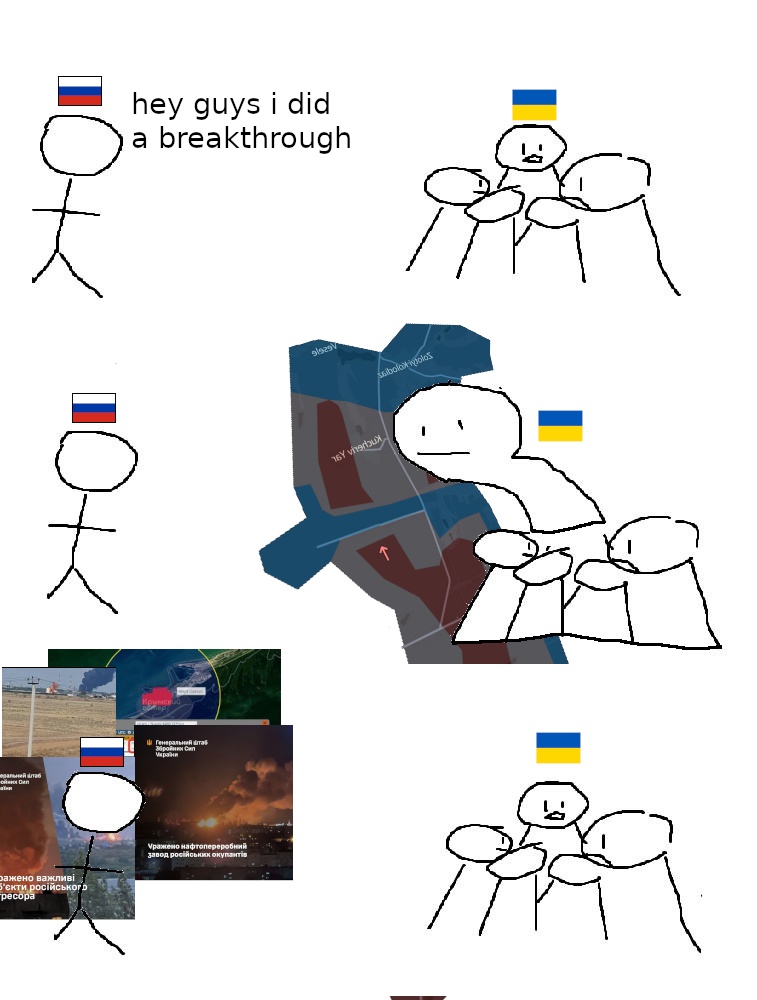 A comic with three panels. A stickman representing russia informs a group of ukrainian stickman that they performed a breakthrough. The ukrainian stickman responds with a thumbs up gesture, where the arm and hand are an image of a map showing the current ukrainian counter that by change looks like a thumbs up sign. The final panel shows the russian stickman in front of several things exploding in russia.