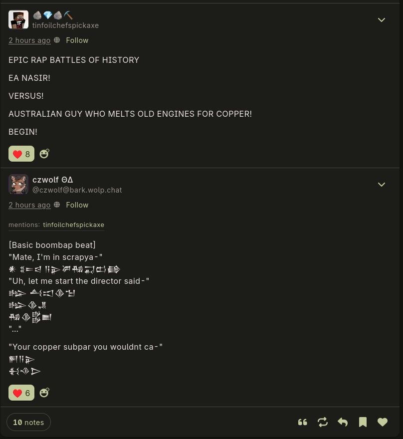EPIC RAP BATTLES OF HISTORY EA NASIR! VERSUS! AUSTRALIAN GUY WHO MELTS OLD ENGINES FOR COPPER! BEGIN! [Basic boombap beat] "Mate, I'm in scrapya-" some mezopotamiam glyphs "Uh, let me start the director said-" more sick beats in mezopotamiam "Your copper subpar you wouldnt ca-" mic drop in mezopotamiam