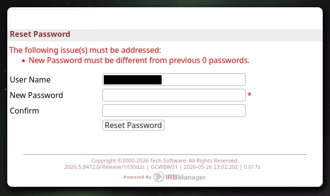 Reset password screen. Form has been completed once and rejected with a red lettered response. "The following issues must be addressed: New password must be different from previous 0 passwords."