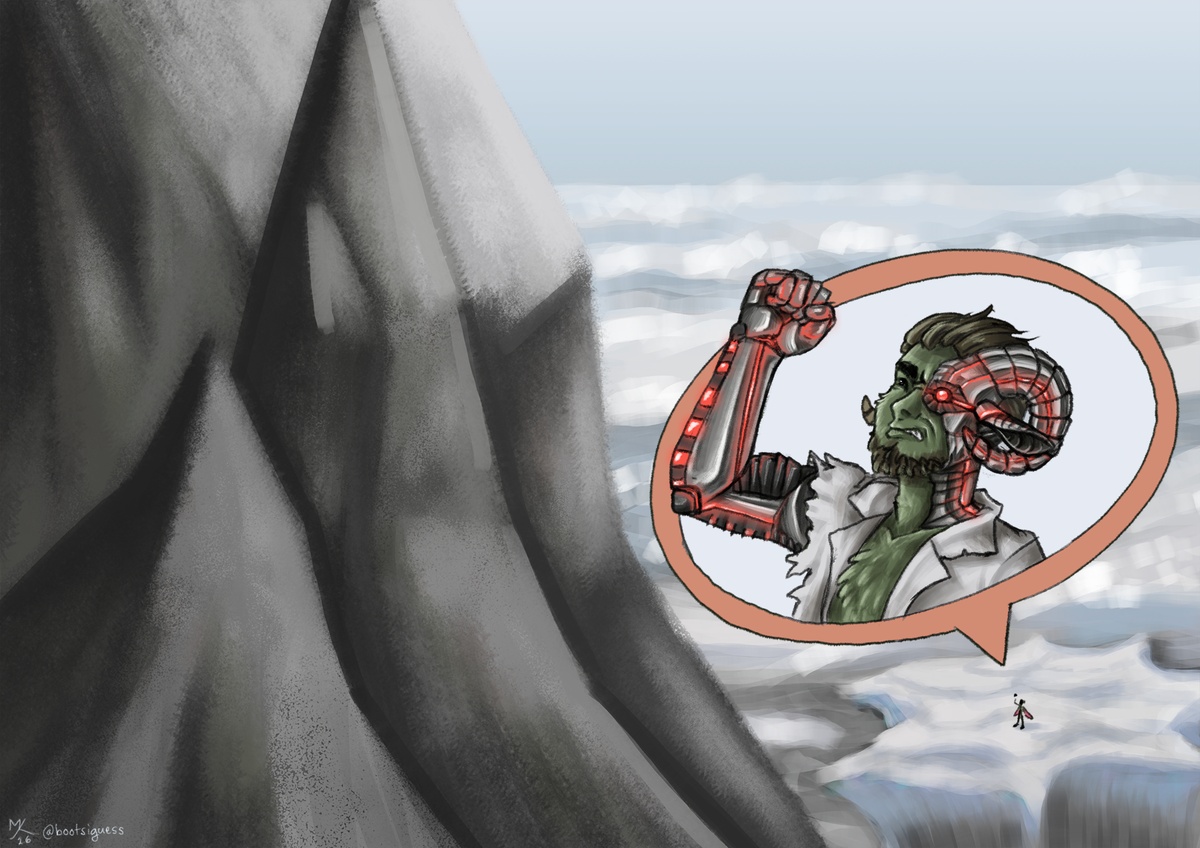 Docm77 raises a fist at the moutain made by tango