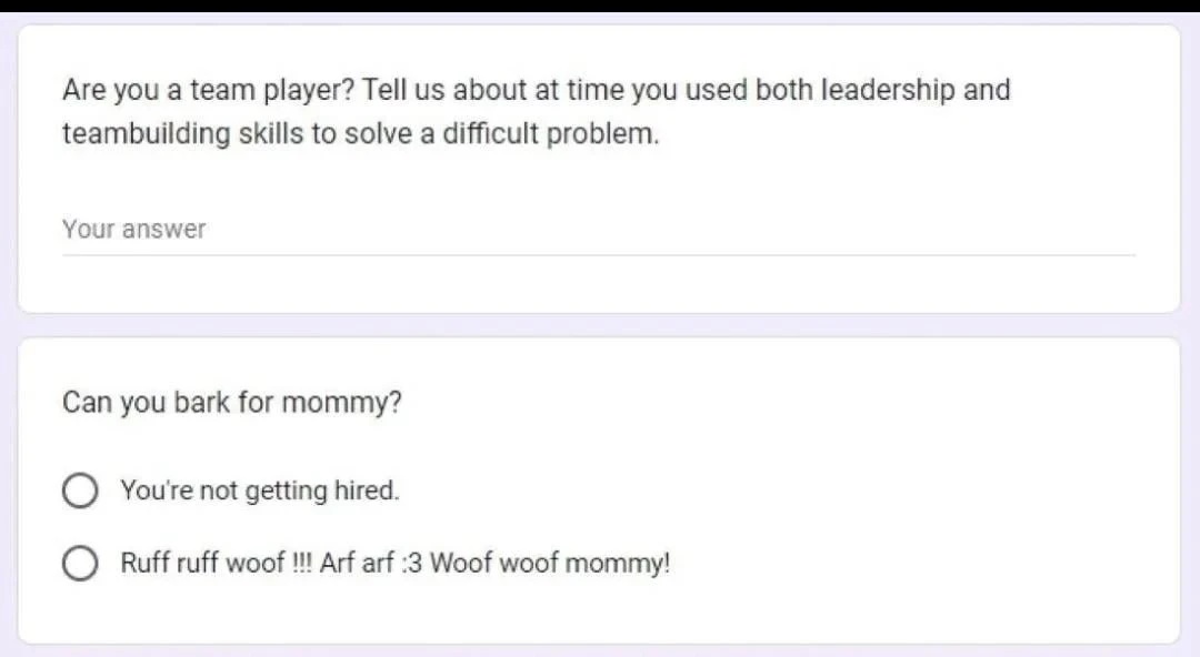 Online Job Interview. Question: "Are you a team player? Tell us about at time you used both leadership and teambuilding skills to solve a difficult problem" with a blank field. Question: "Can you bark for mommy?" Answer one: "You're not getting hired" Answer two: "Ruff ruff woof !!! Arf arf :3 Woof woof mommy!"