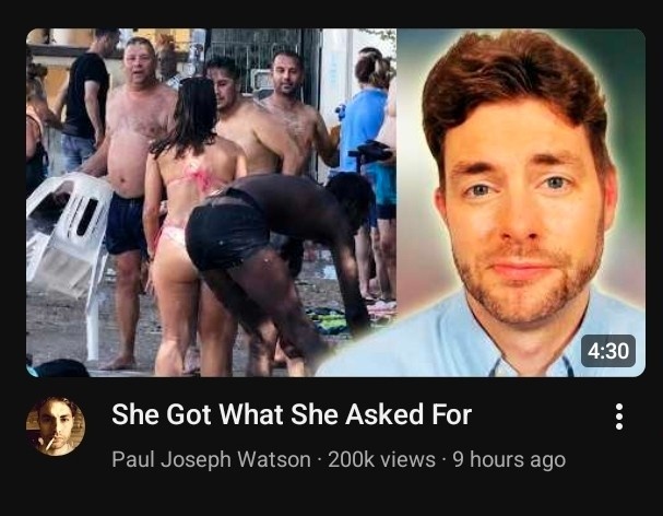 YouTube Video by Paul Joseph Watson: "She Got What She Asked For" (picture of a bikini clad woman talking to men in swimwear)