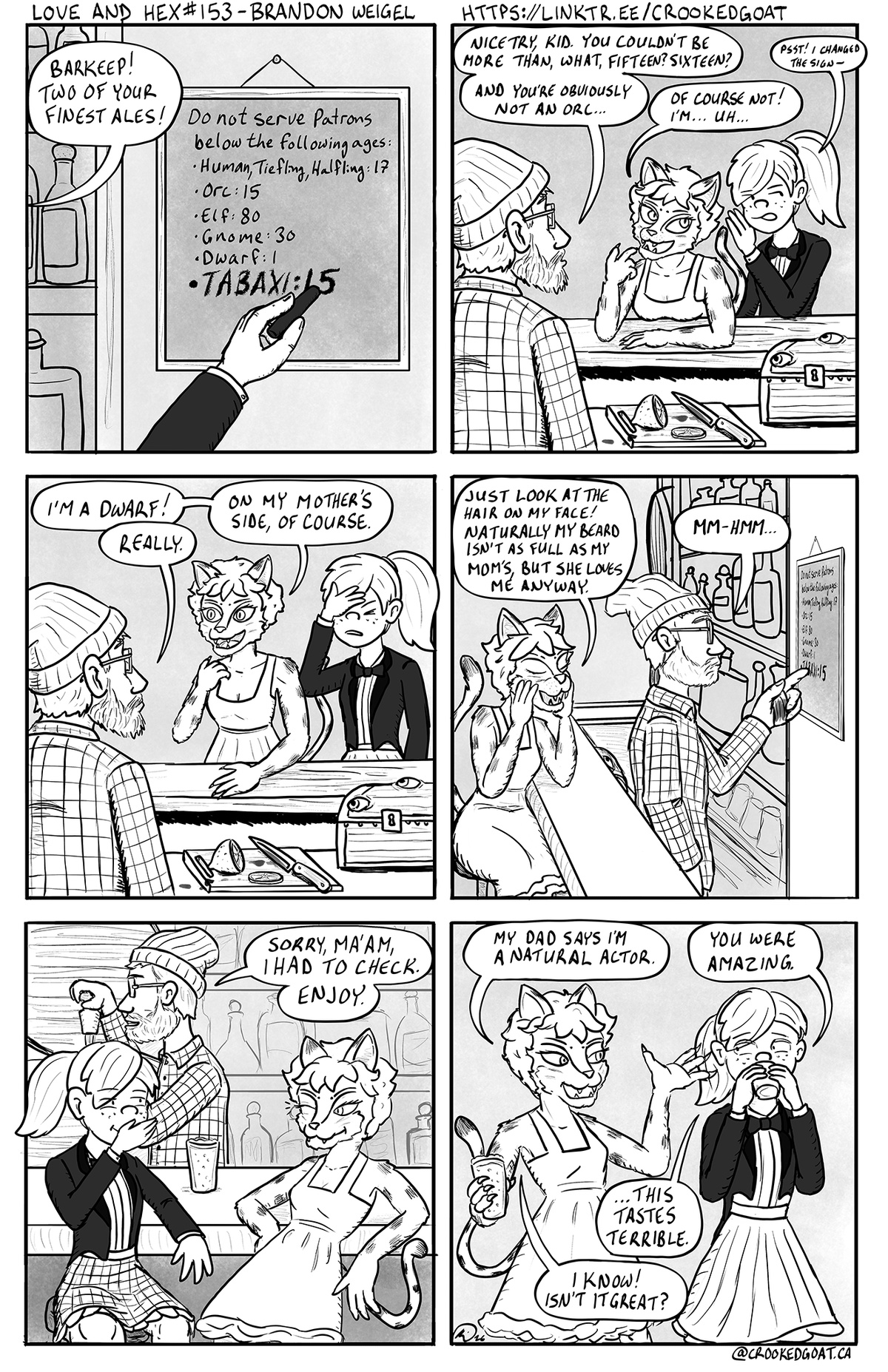 Page 153 from the comic Love and Hex. Full transcript: https://crookedgoat.ca/comic/153/#comic-page. Maki and Tamilda try to trick the bartender into serving them.