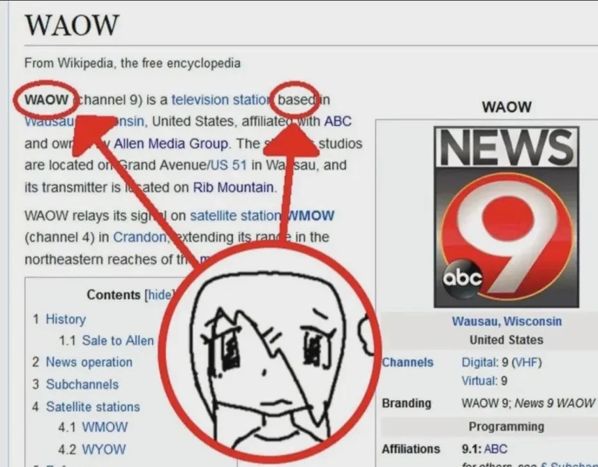 Wikipedia article of the television station WAOW. In the article the name "WAOW" and the word "based" are circled in red. Red arrows point to them from a picture of the person from the meme in which they say "Waow" and think "Based based based"