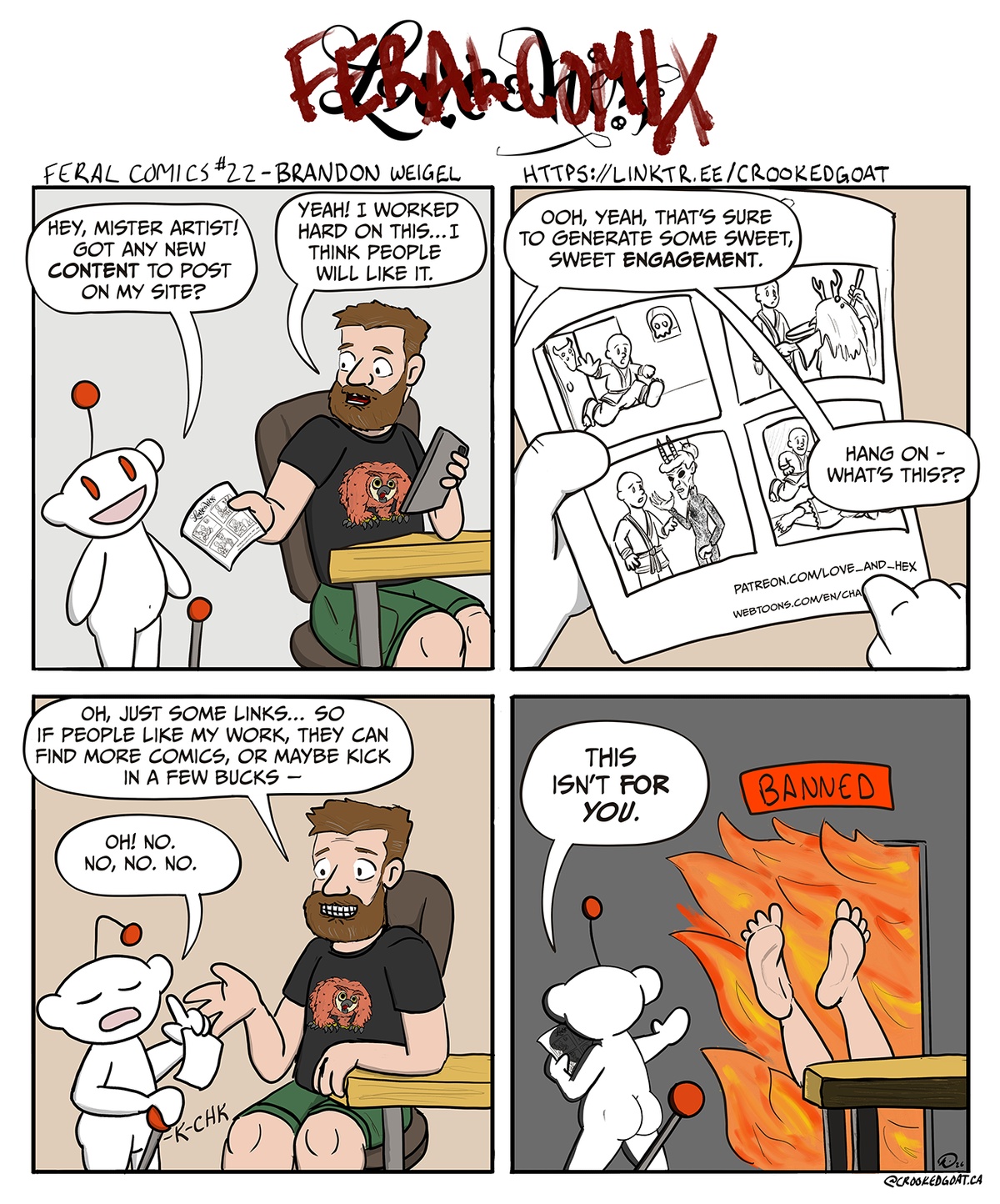 Reddit solicits content from a comic artist, but bans him when it discovers links in his post.