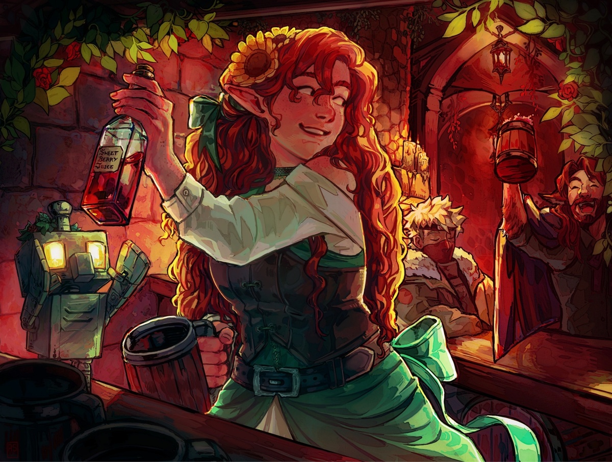 Gem serving etho and ren some sweet berry juice in her tavern, there is copper golem reaching out